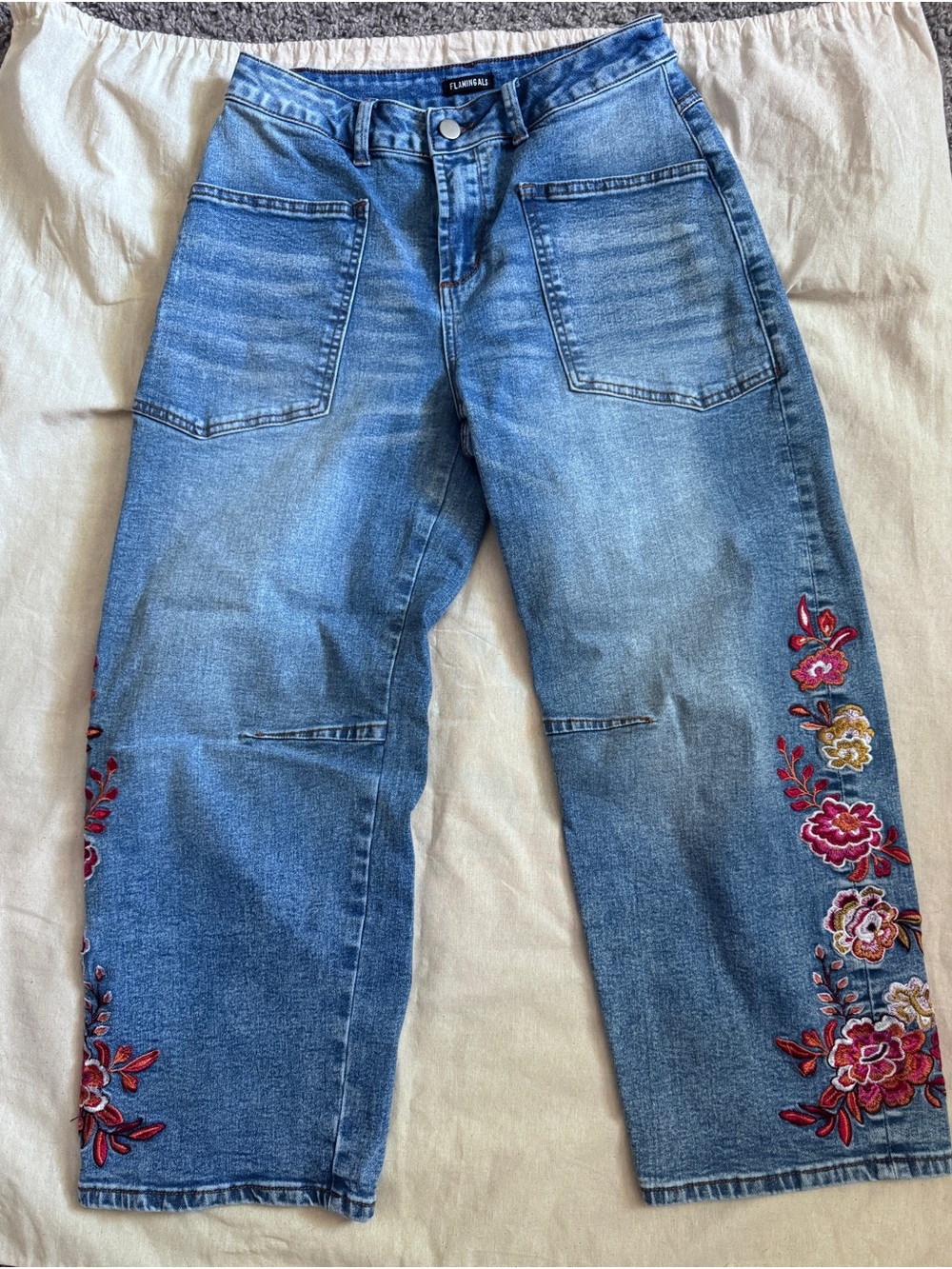NWOT-Flamingals-Small-Embroidered Wide-Leg Denim Jeans - Blue